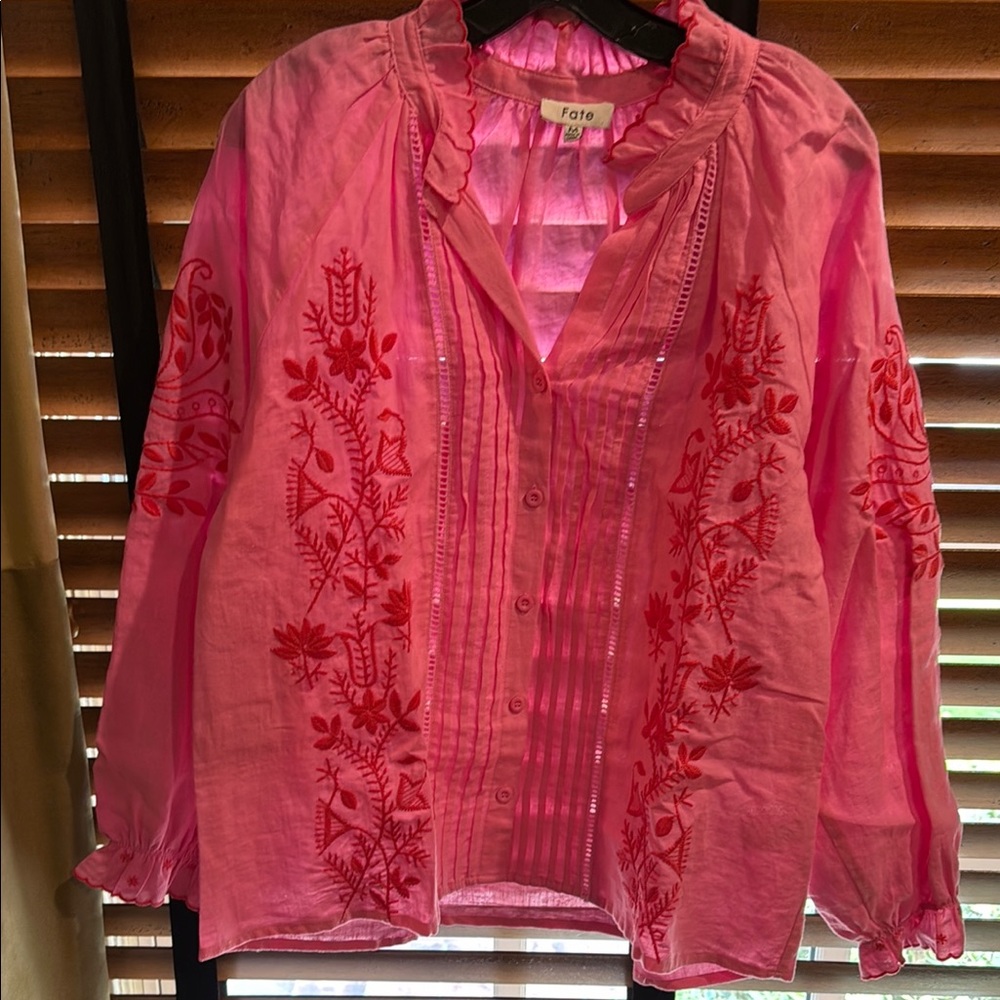 NWOT Fate Pink Embroidered Blouse